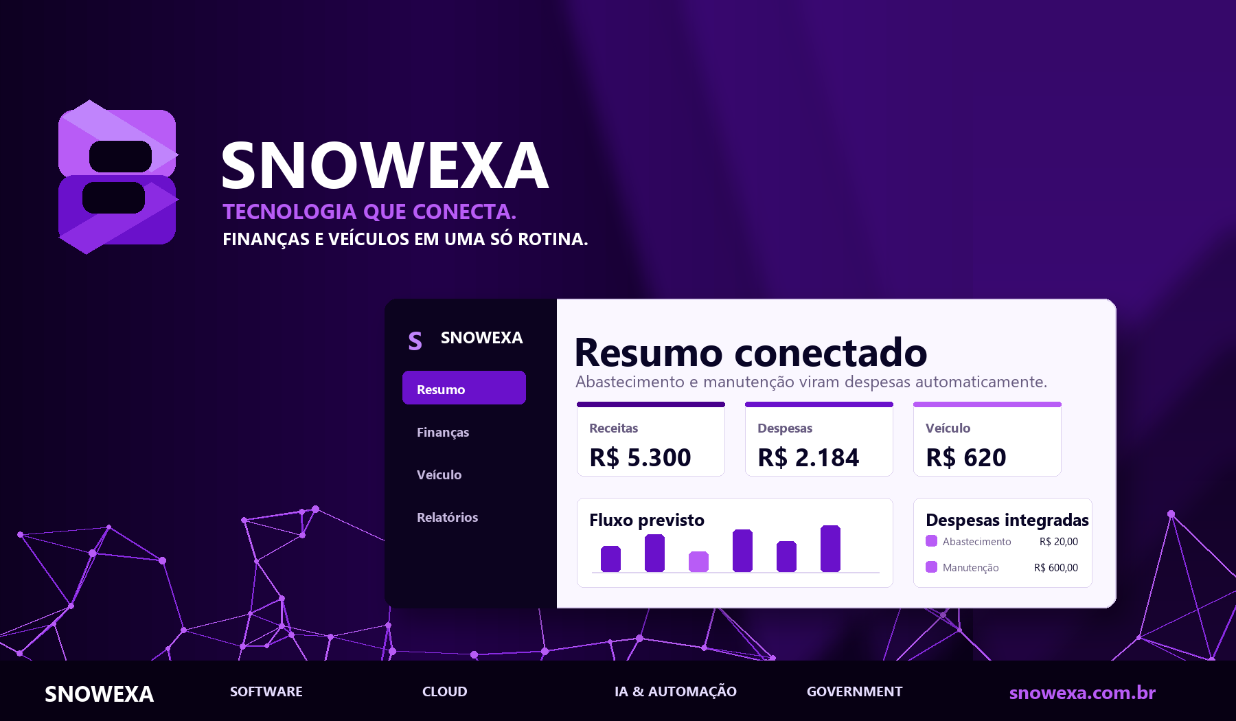 Ilustração demonstrativa do resumo financeiro Snowexa, com receitas, despesas e integração com veículos